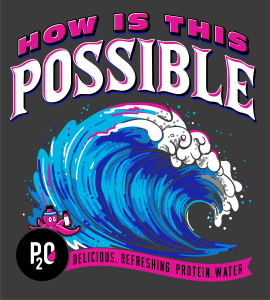 A wave design with text "How is this possible" "P20 Delicious. Refreshing. Protein. Water"