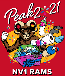 "Peak 2021" text with the mascot ram handing out toilet paper and PPE