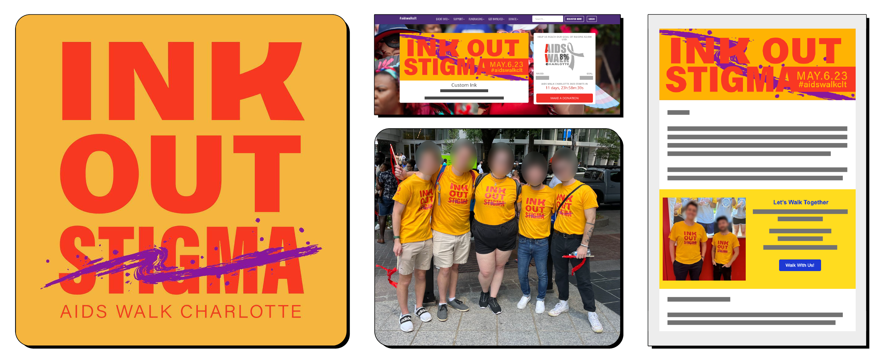 Ink Out Stigma logo in use on t-shirts, fundraising site, and email header