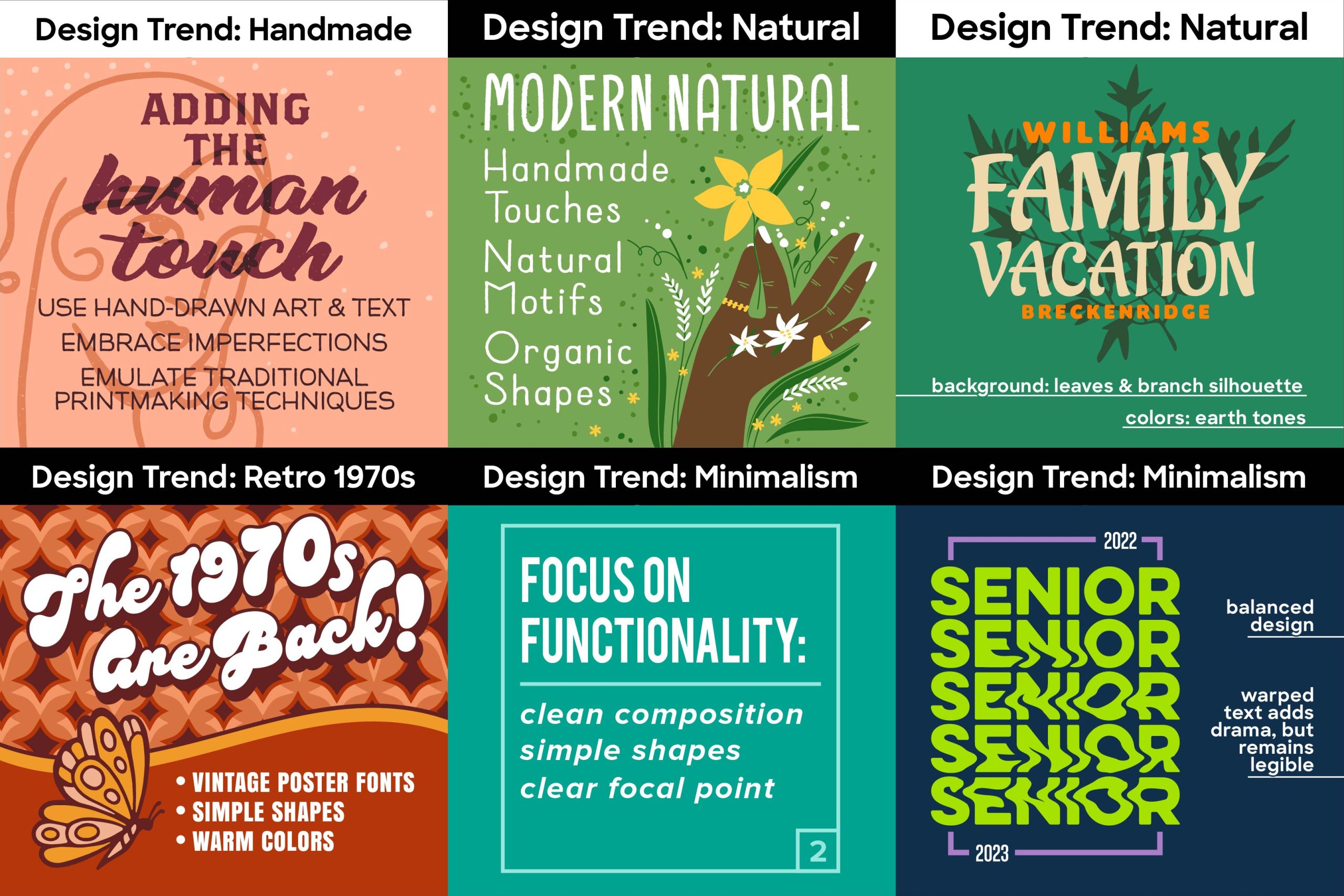 Selection of social posts explaining the current design trends and how to implement them