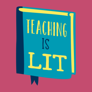 Design with "Teaching is lit" written on the cover of a book