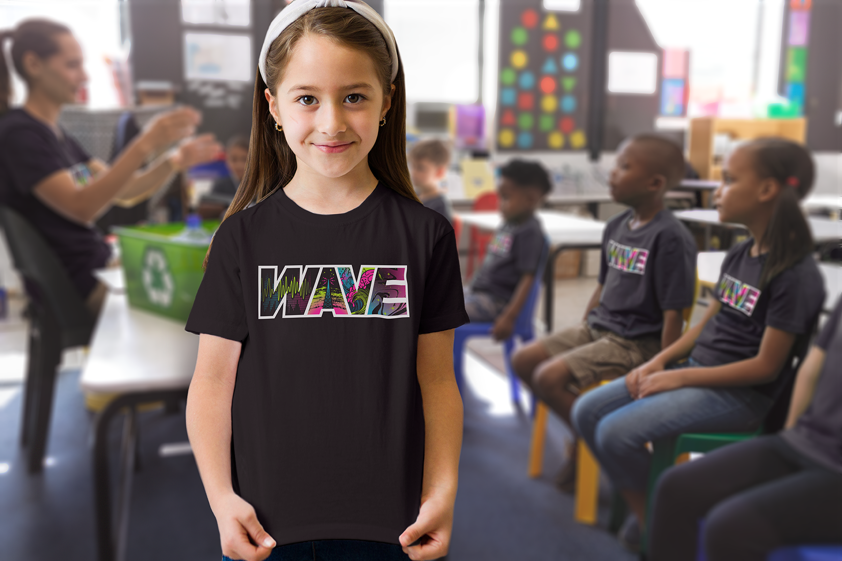 girl wearing WAVE summer camp shirt