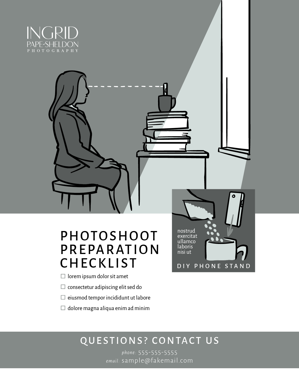 Flyer with simple illustrations showing the best arrangement and placement of phone camera and seating area for a virtual photoshoot, with a brief checklist to explain the details