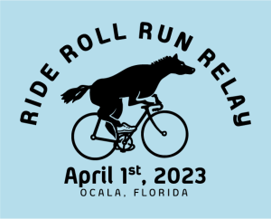 "Ride Roll Run Relay" design with a horse riding a bicycle